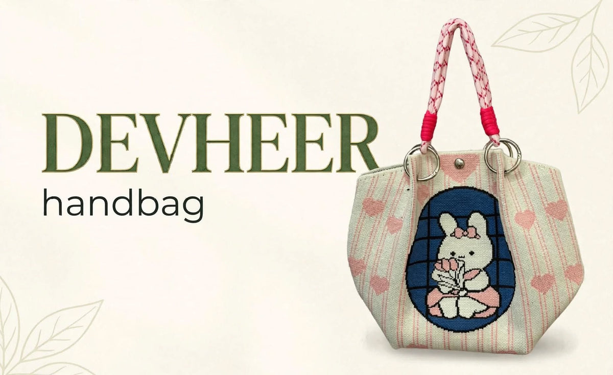 Cream and pink knitted tote handbag with cute bunny flower and heart design for women and girls