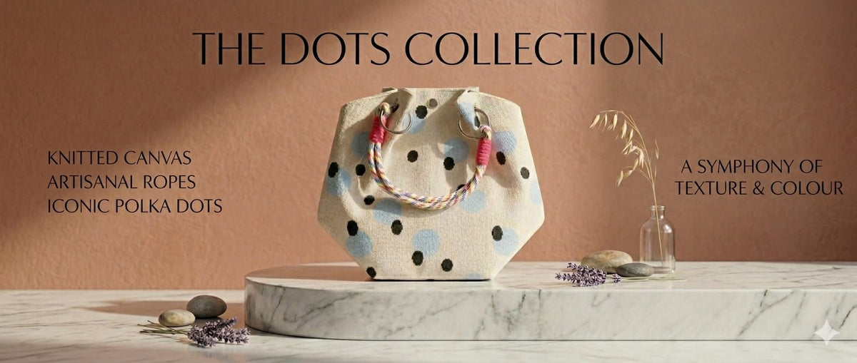 DEVHEER off-white polka dot handbag for women with light blue black print and multicolour rope handle
