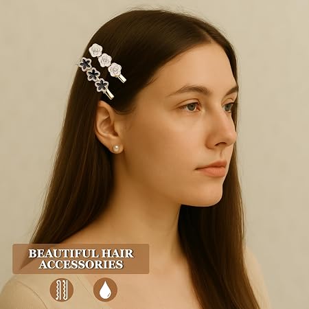 Shop a stylish set of 5 black, white and gold decorative hair clips featuring floral, bow and geometric designs. Trendy hair accessories for women and girls.
