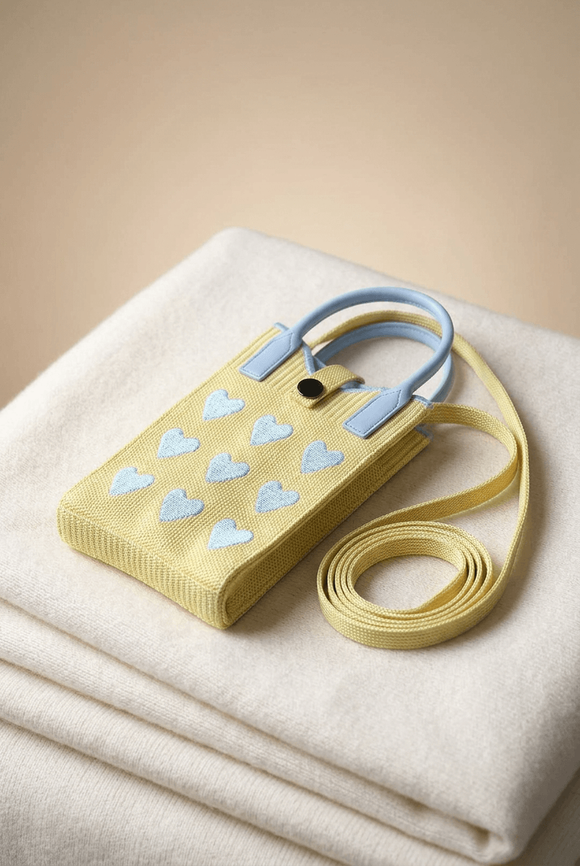 Beige knitted mini sling handbag with blue heart design and shoulder strap for women and girls