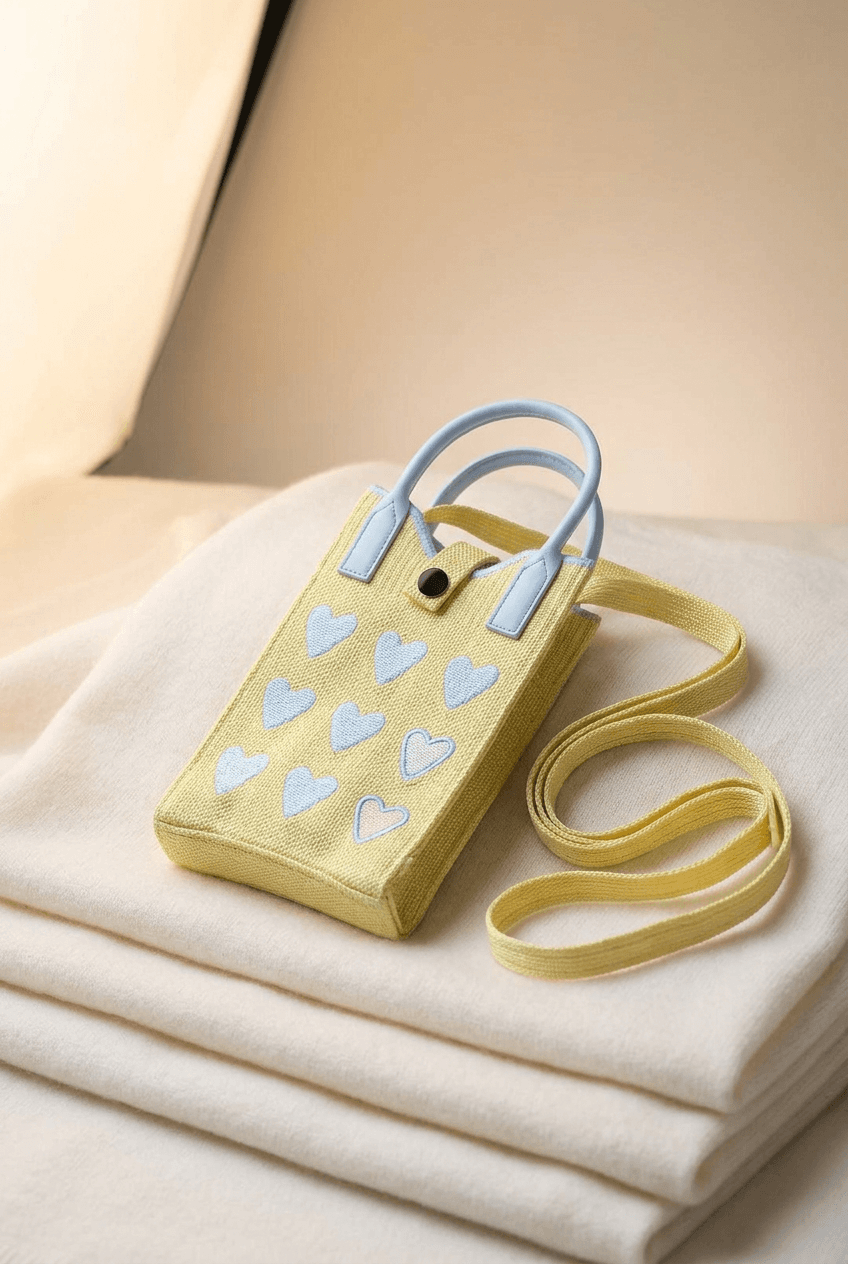 Beige knitted mini sling handbag with blue heart design and shoulder strap for women and girls