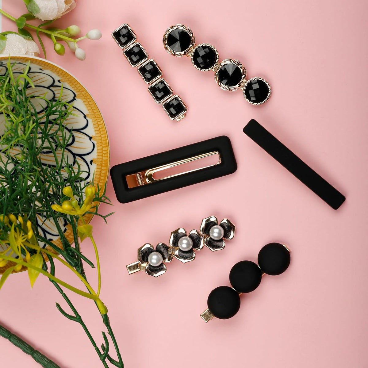 Black and gold decorative hair clip set with pearl flowers and geometric designs for women and girls
