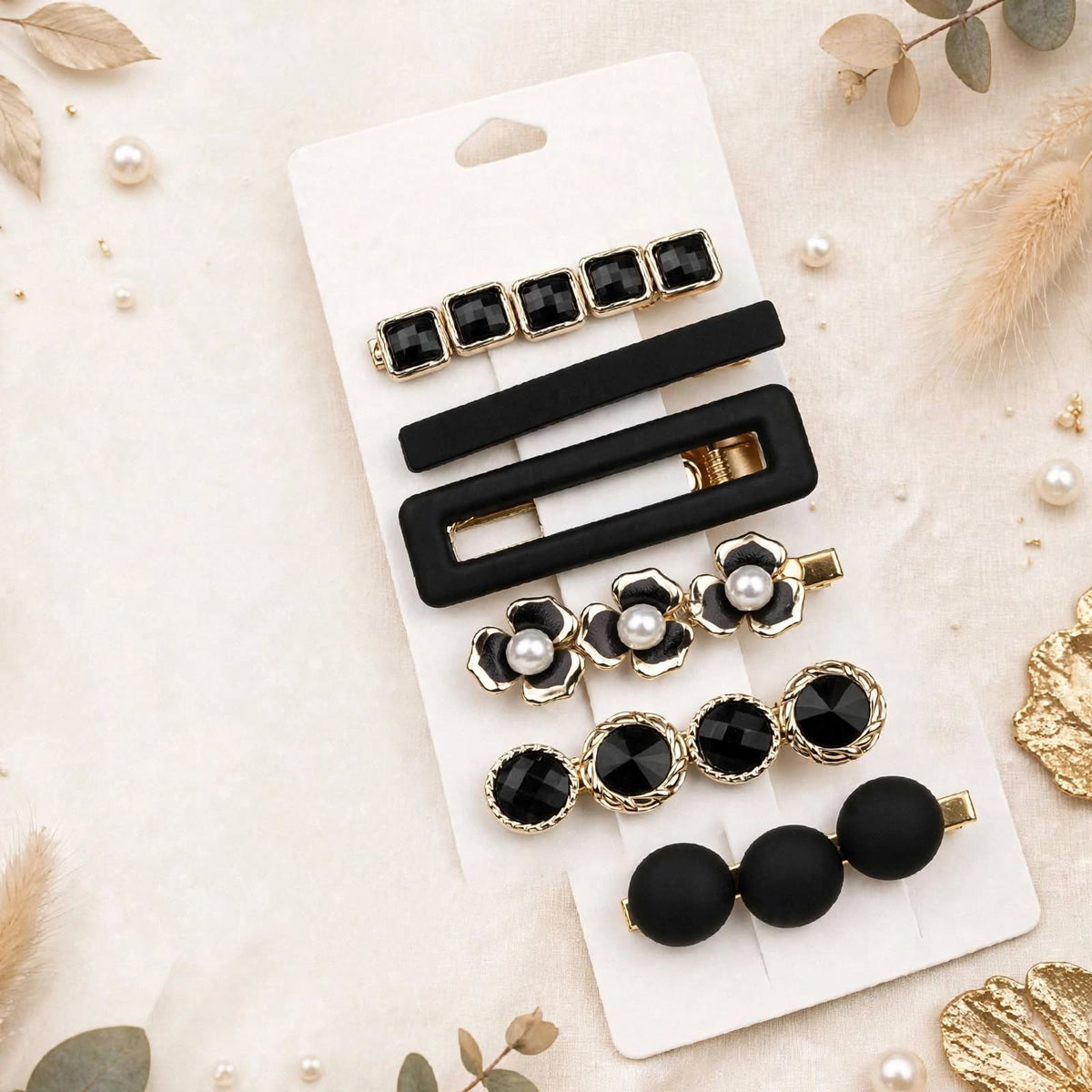 Black and gold decorative hair clip set with pearl flowers and geometric designs for women and girls