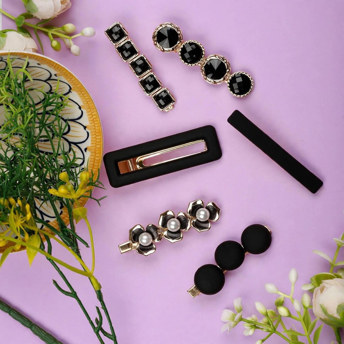 Black and gold decorative hair clip set with pearl flowers and geometric designs for women and girls