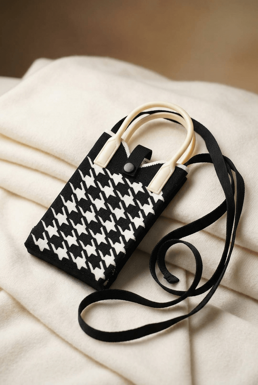 Black and white houndstooth knitted mobile sling bag with cream handles and black shoulder strap