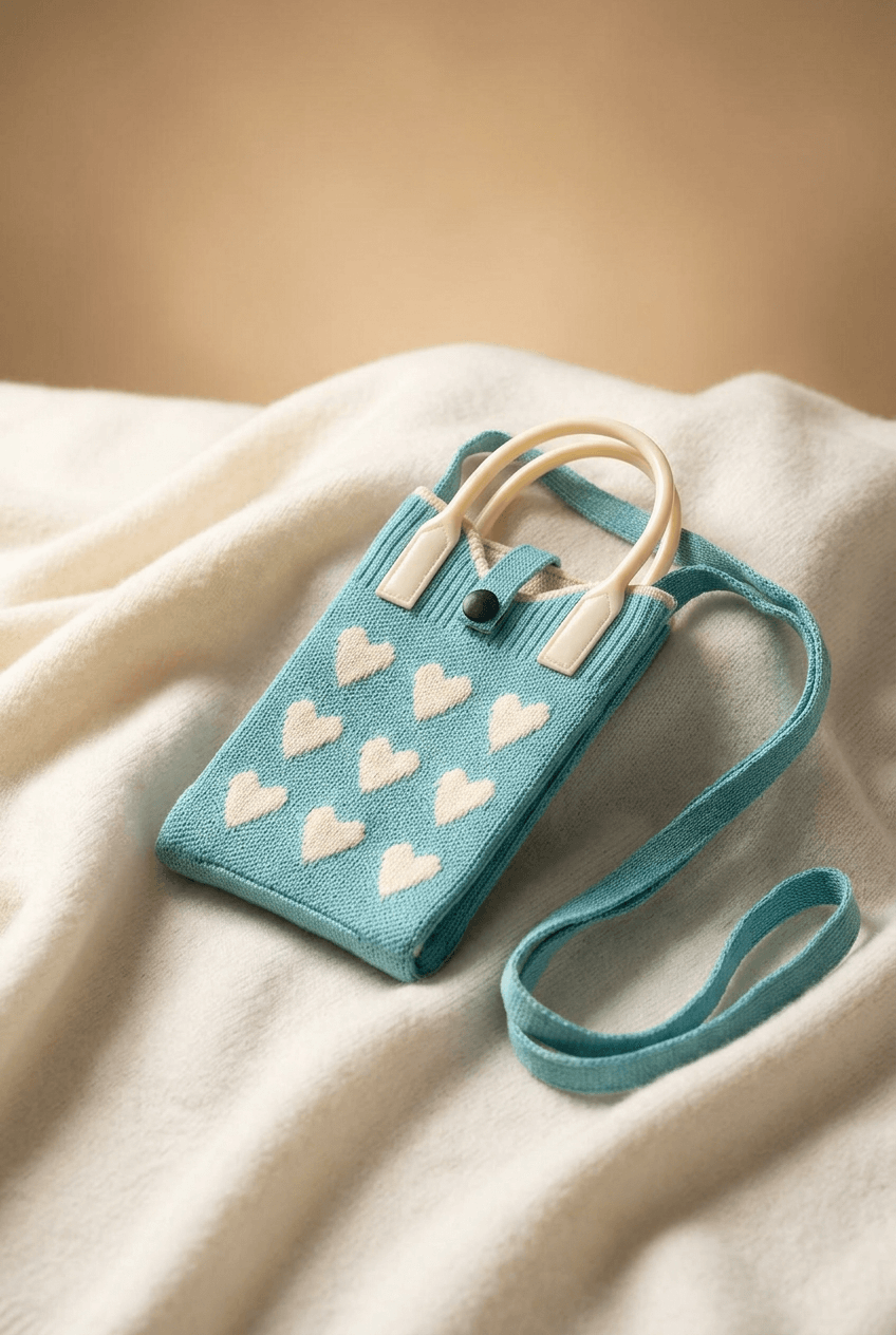 Blue knitted mini sling handbag with cream heart design for women and girls