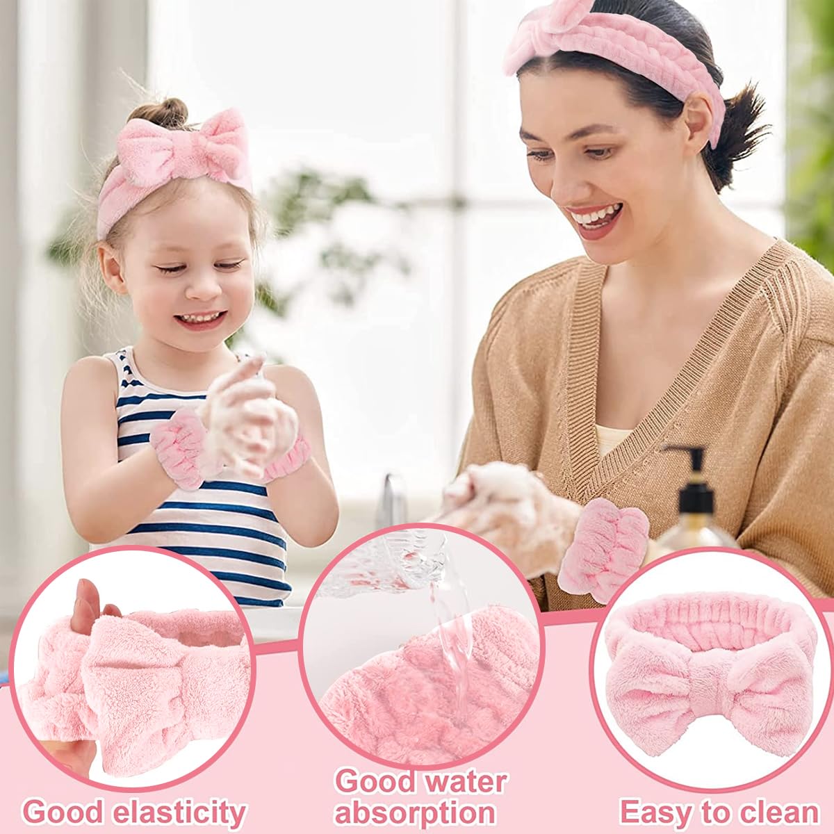 Pink bow spa headband and wristband set for makeup, face wash and skincare