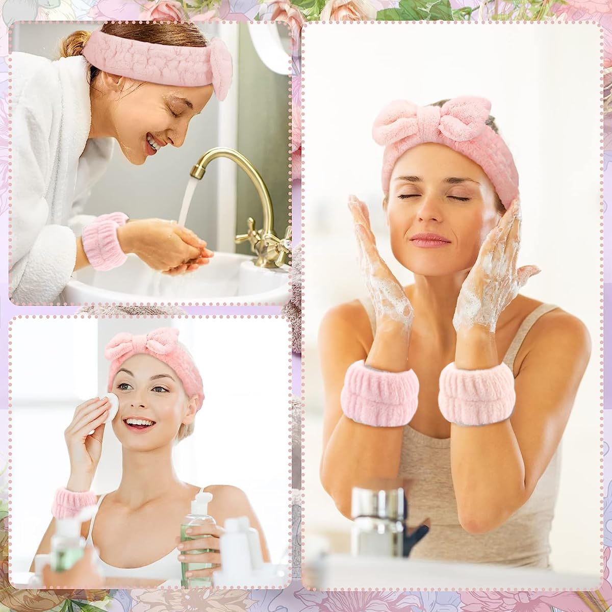 Pink bow spa headband and wristband set for makeup, face wash and skincare