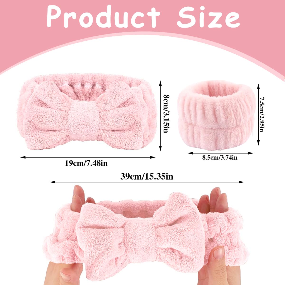 Pink bow spa headband and wristband set for makeup, face wash and skincare