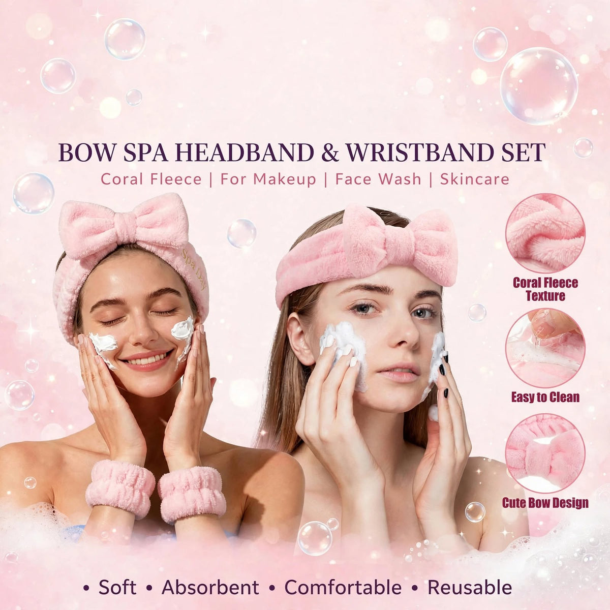 Pink bow spa headband and wristband set for makeup, face wash and skincare