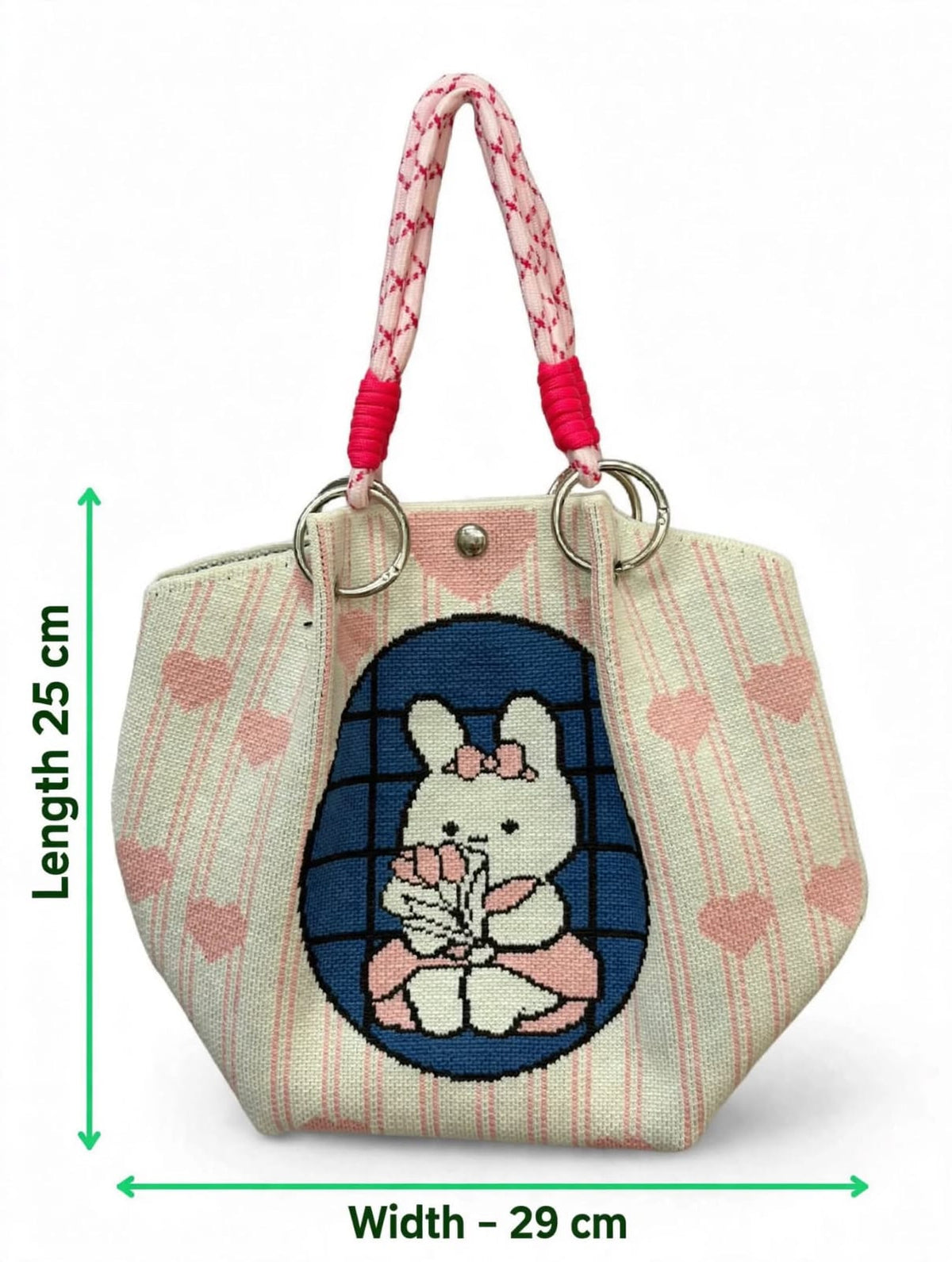 Cream and pink knitted tote handbag with cute bunny flower and heart design for women and girls