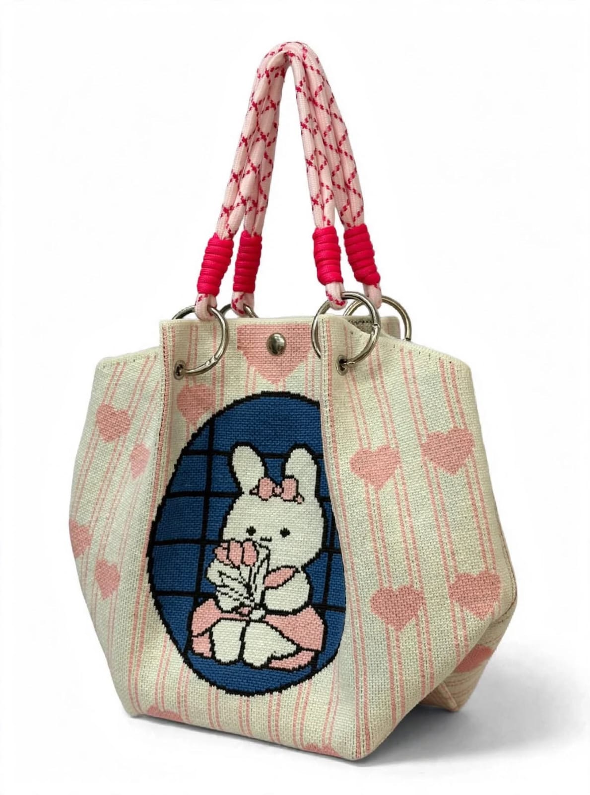 Cream and pink knitted tote handbag with cute bunny flower and heart design for women and girls