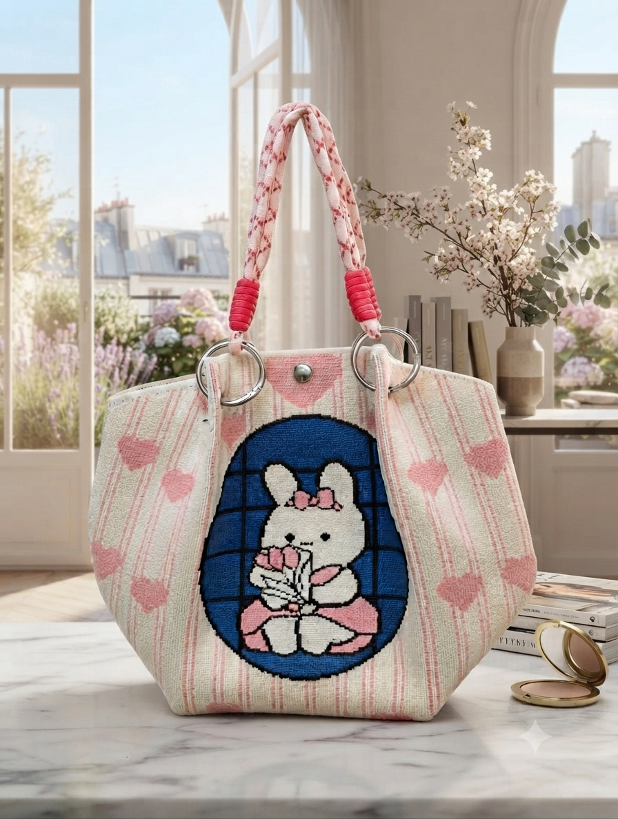Cream and pink knitted tote handbag with cute bunny flower and heart design for women and girls