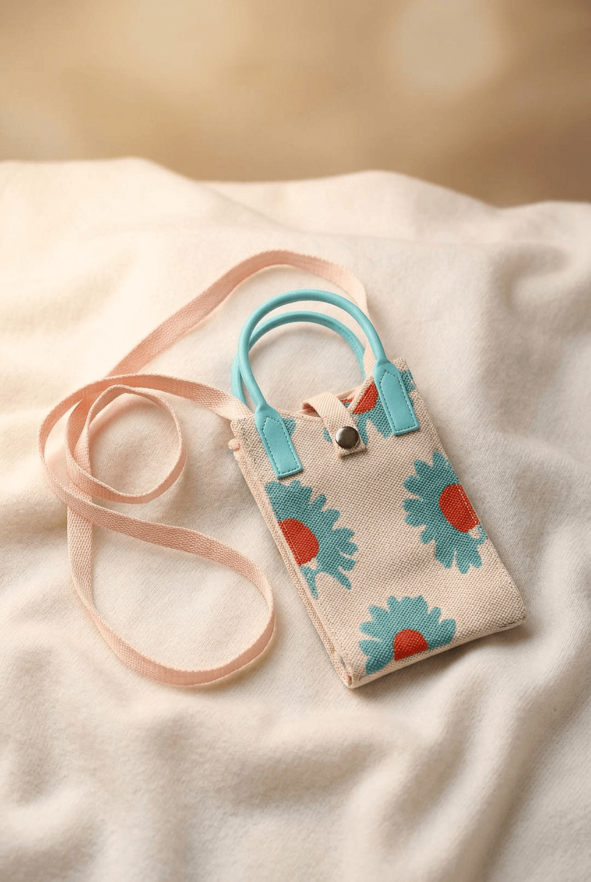 Cream knitted mobile sling bag with blue and orange floral design for women and girls