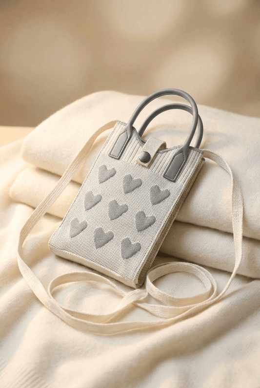 Cream and grey heart knitted mini sling handbag for women and girls with long shoulder strap