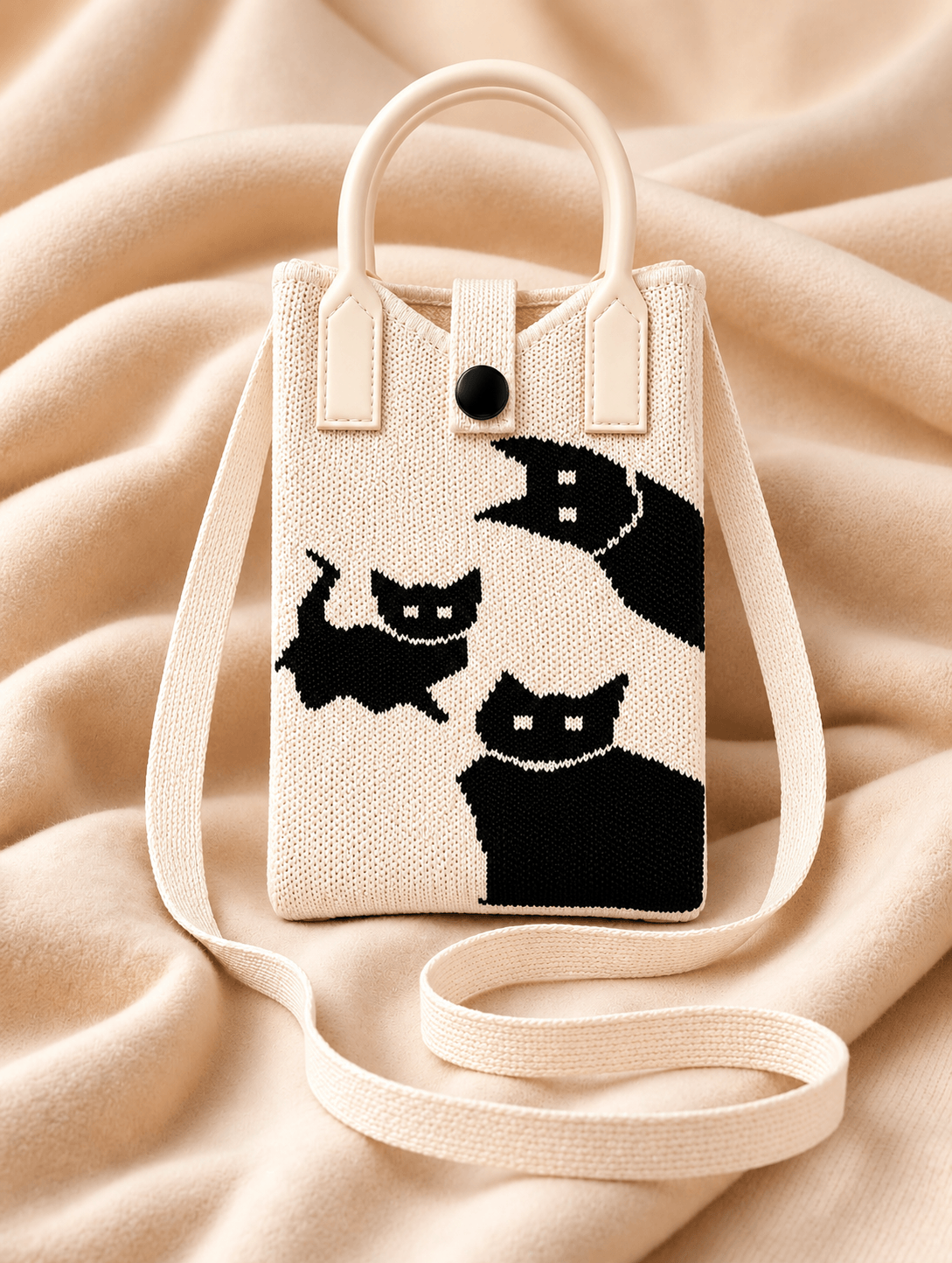 knitted mobile sling bag for women and girls with black cat print, top handles and long shoulder strap.