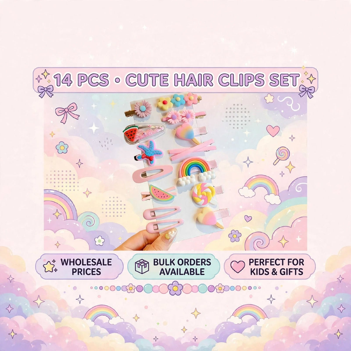 Cute multicolor cartoon hair clips set for girls with rainbow flower watermelon ice cream and starfish designs