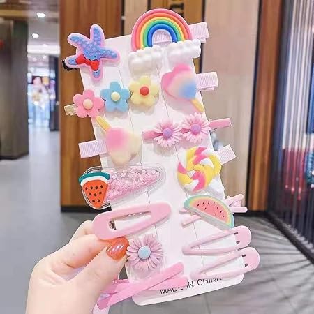 Cute multicolor cartoon hair clips set for girls with rainbow flower watermelon ice cream and starfish designs