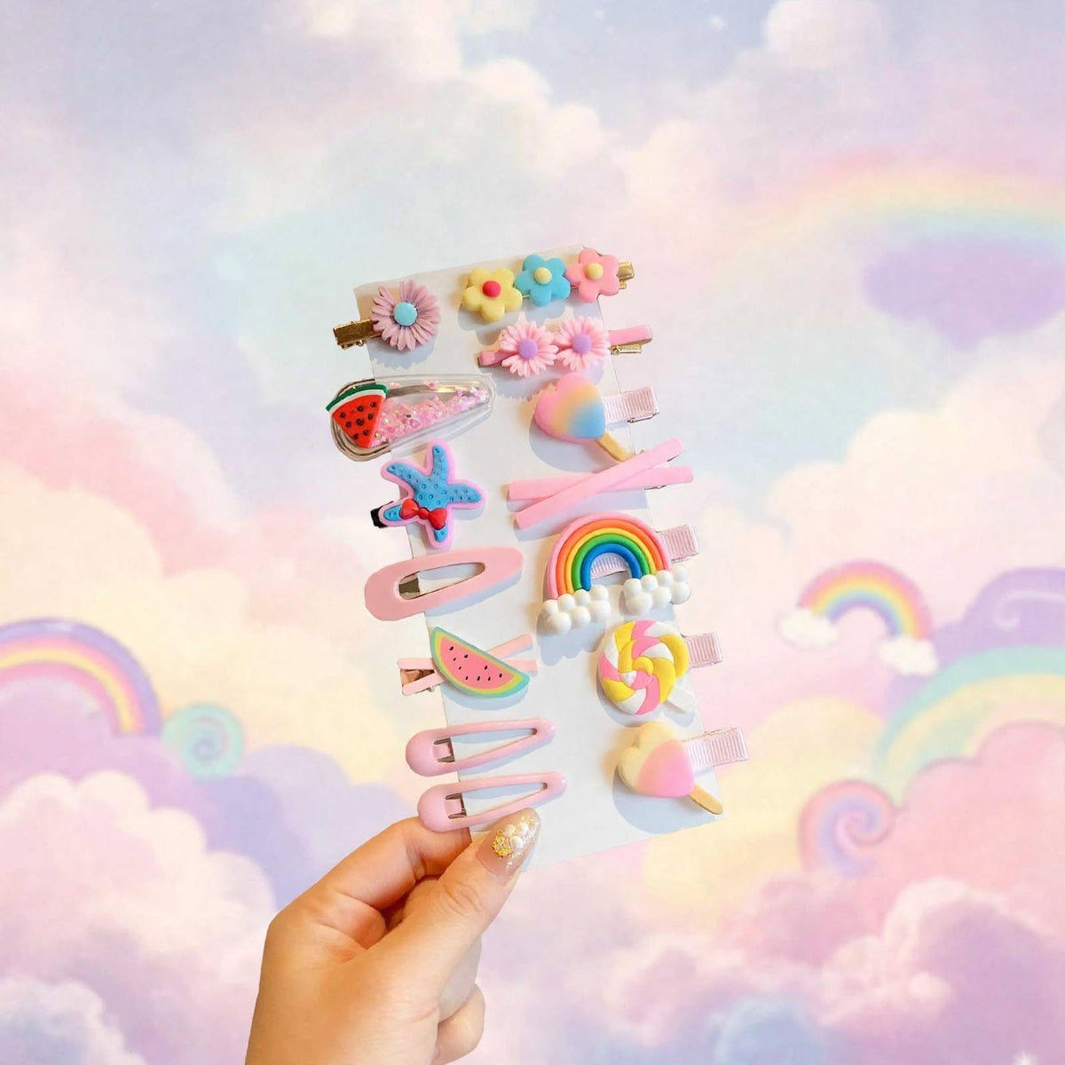 Cute multicolor cartoon hair clips set for girls with rainbow flower watermelon ice cream and starfish designs