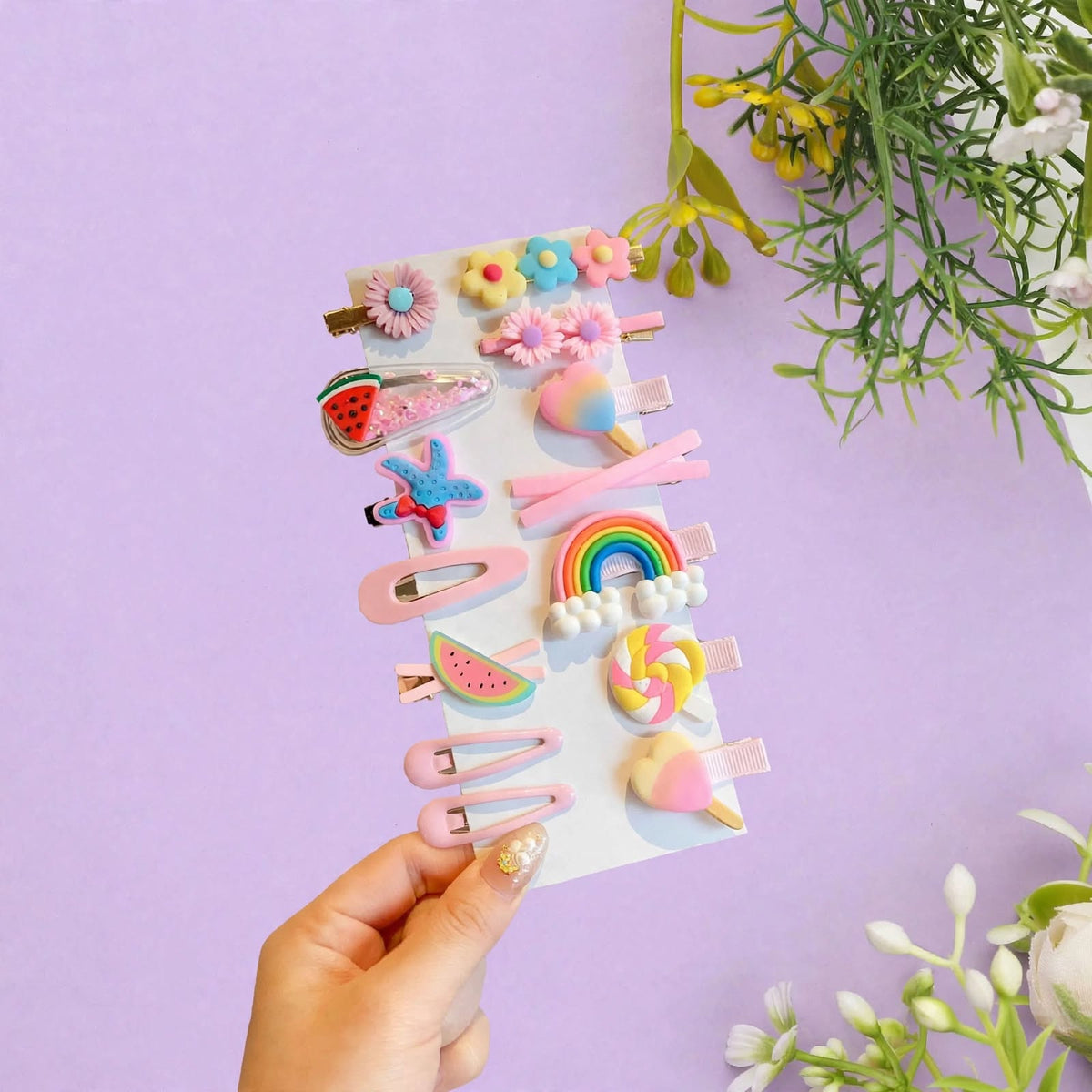 Cute multicolor cartoon hair clips set for girls with rainbow flower watermelon ice cream and starfish designs