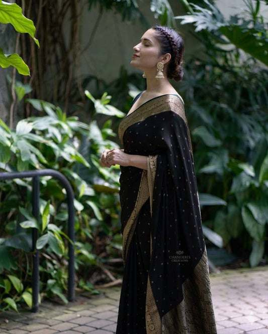 DEVHEER black saree for women with antique gold woven border