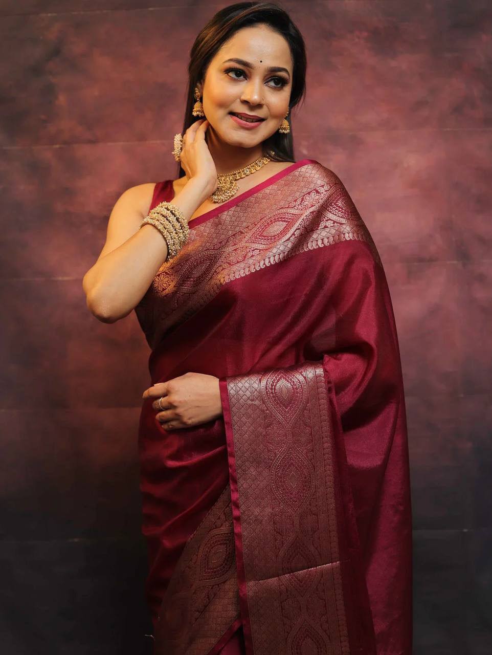 DEVHEER maroon silk saree for women with woven border