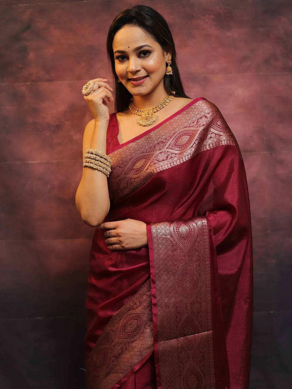 DEVHEER maroon silk saree for women with woven border