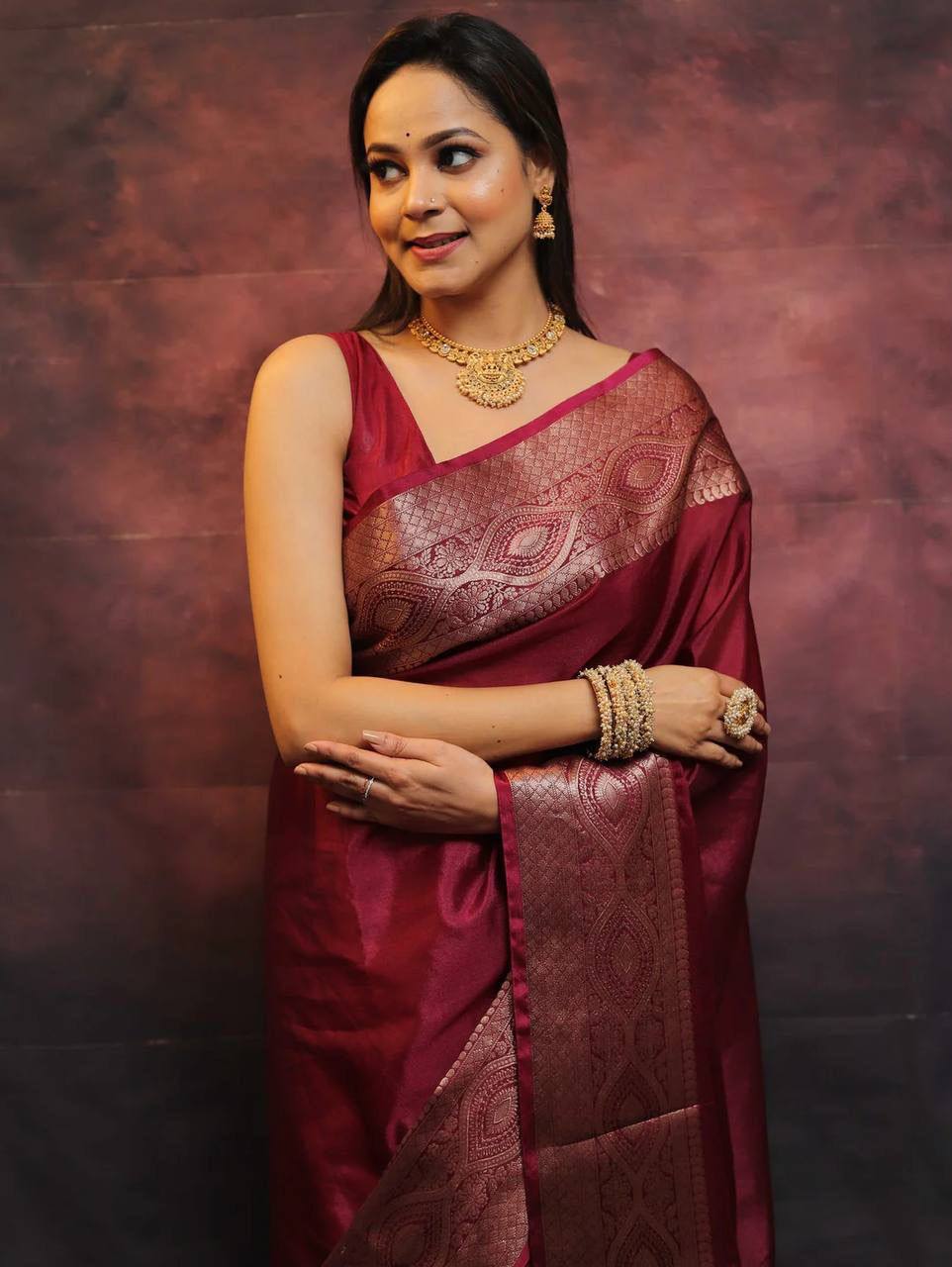 DEVHEER maroon silk saree for women with woven border