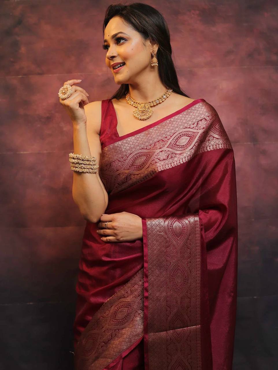DEVHEER maroon silk saree for women with woven border