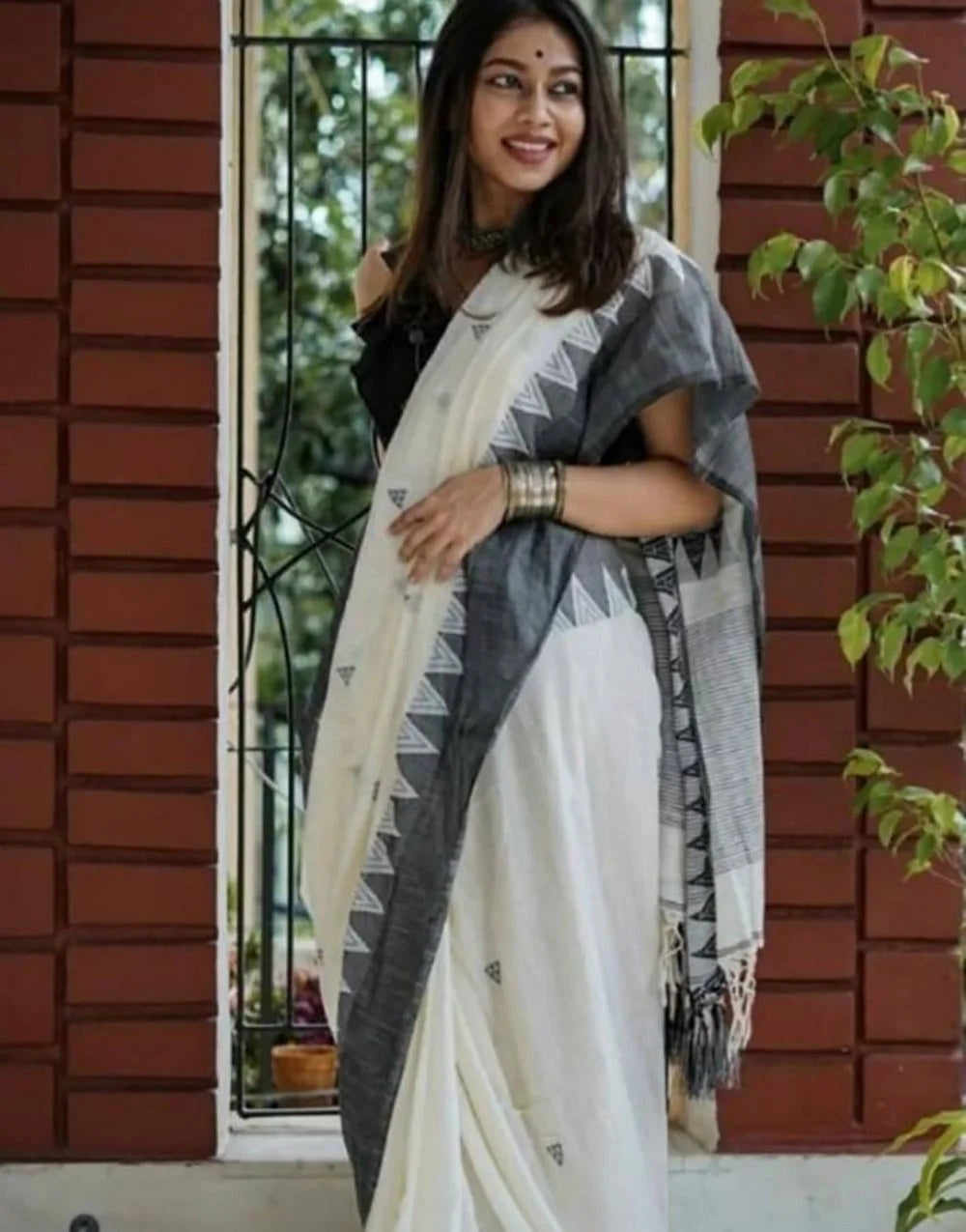 DEVHEER white grey cotton linen silk saree for women