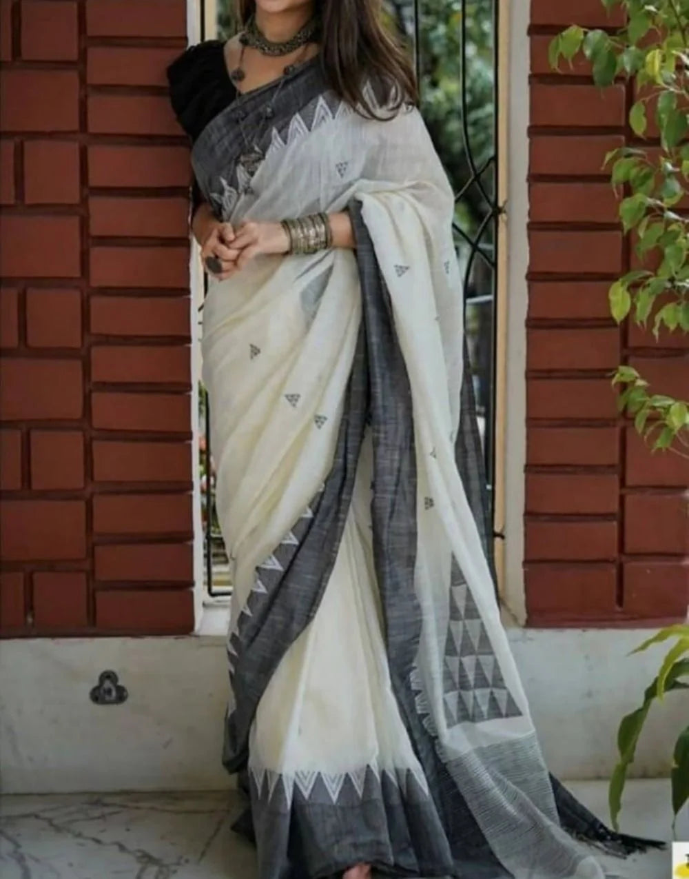 DEVHEER white grey cotton linen silk saree for women
