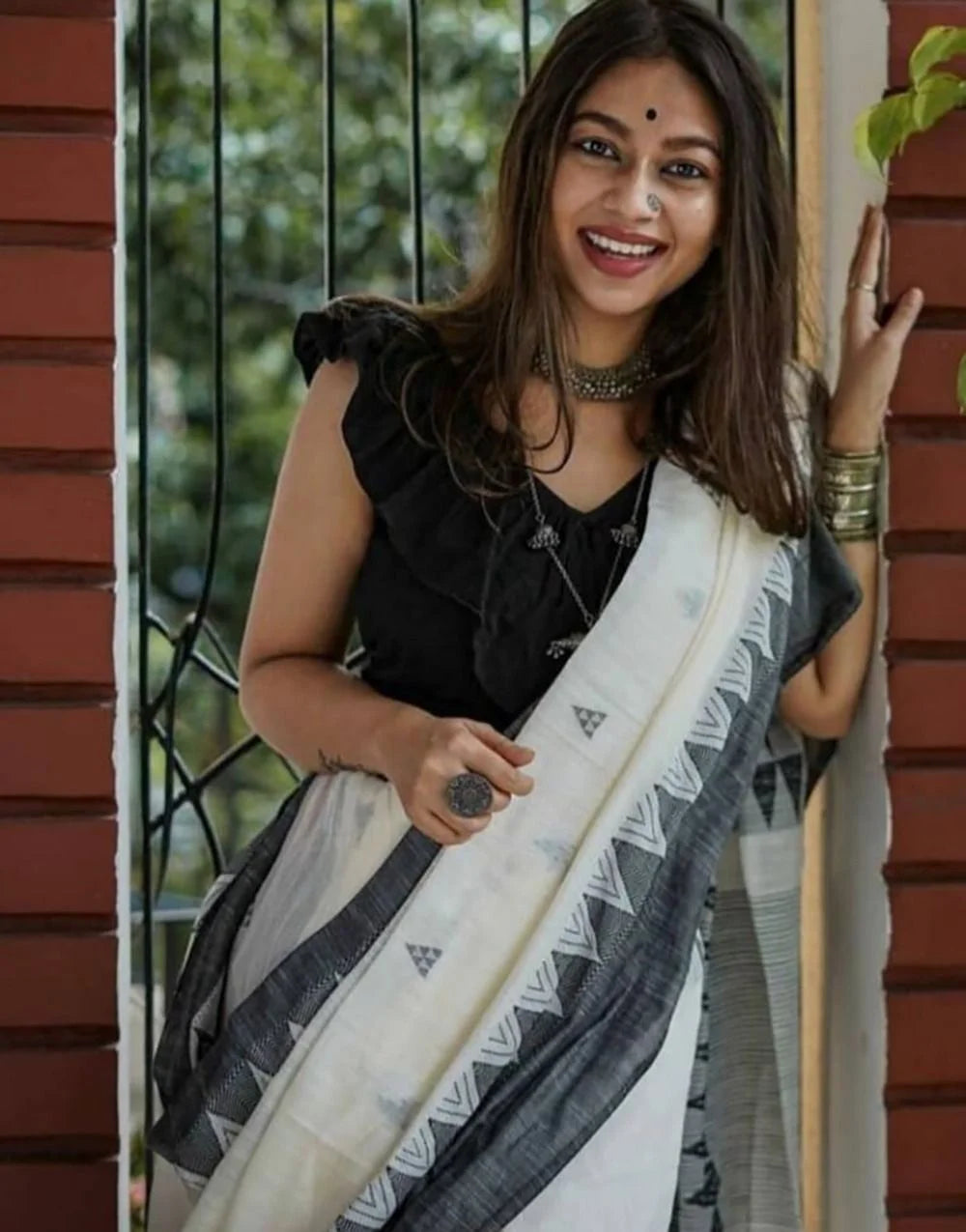 DEVHEER white grey cotton linen silk saree for women