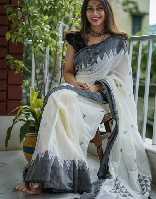DEVHEER white grey cotton linen silk saree for women