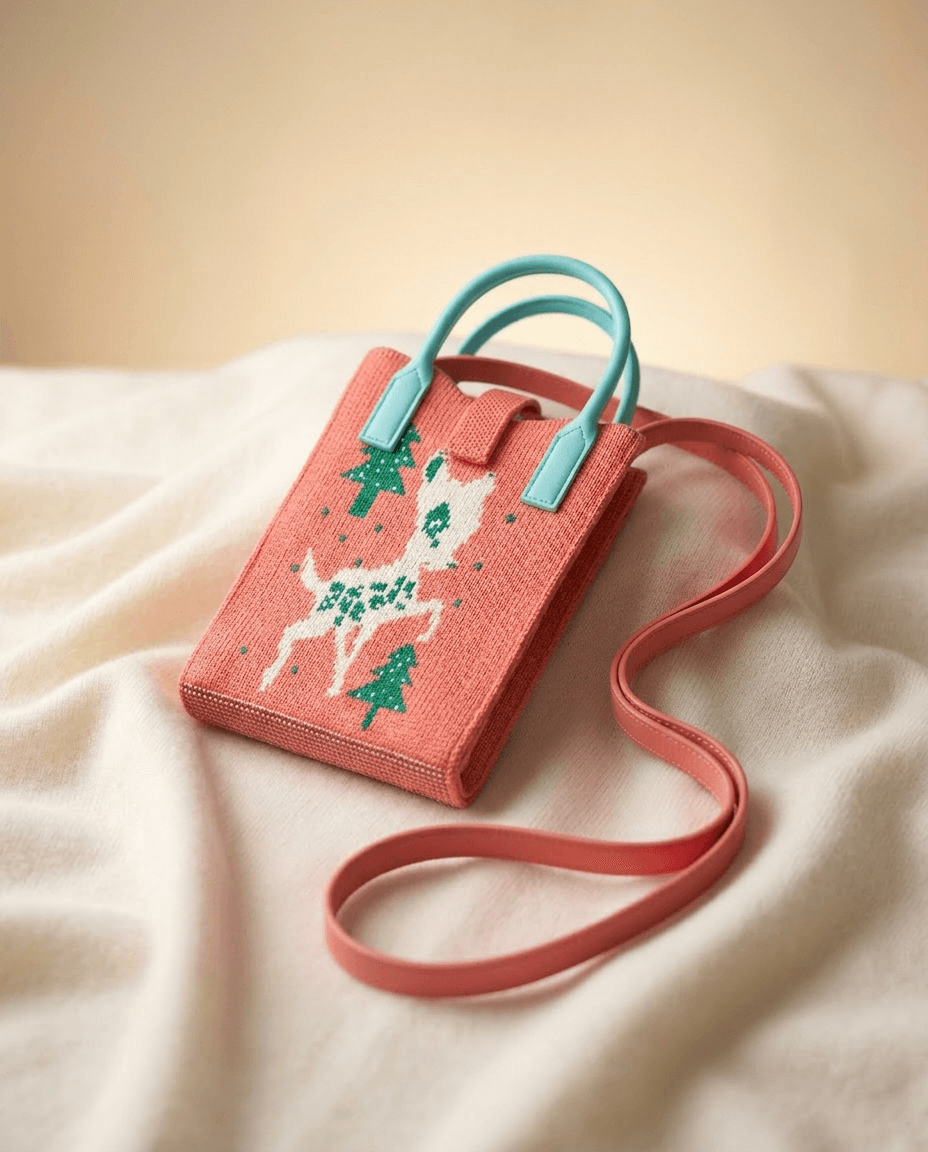 Small pink bag with deer and tree design on a beige surface