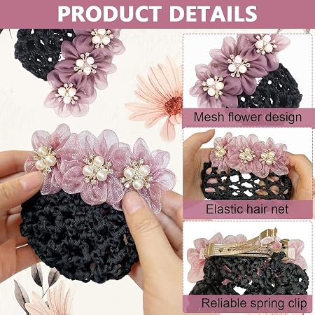 Mauve floral pearl decorative black hair bun cover net for women