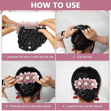 Mauve floral pearl decorative black hair bun cover net for women