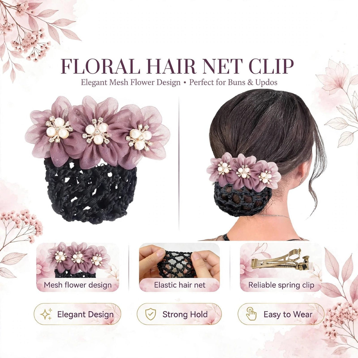 Mauve floral pearl decorative black hair bun cover net for women
