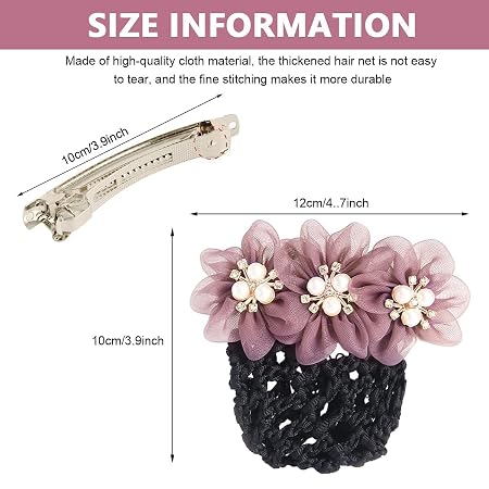 Mauve floral pearl decorative black hair bun cover net for women