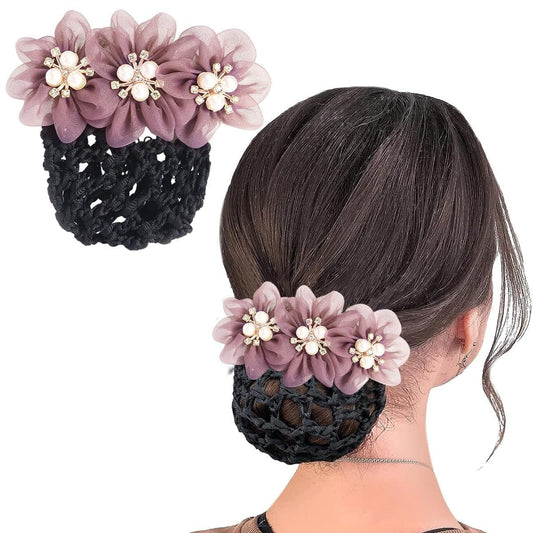 Mauve floral pearl decorative black hair bun cover net for women