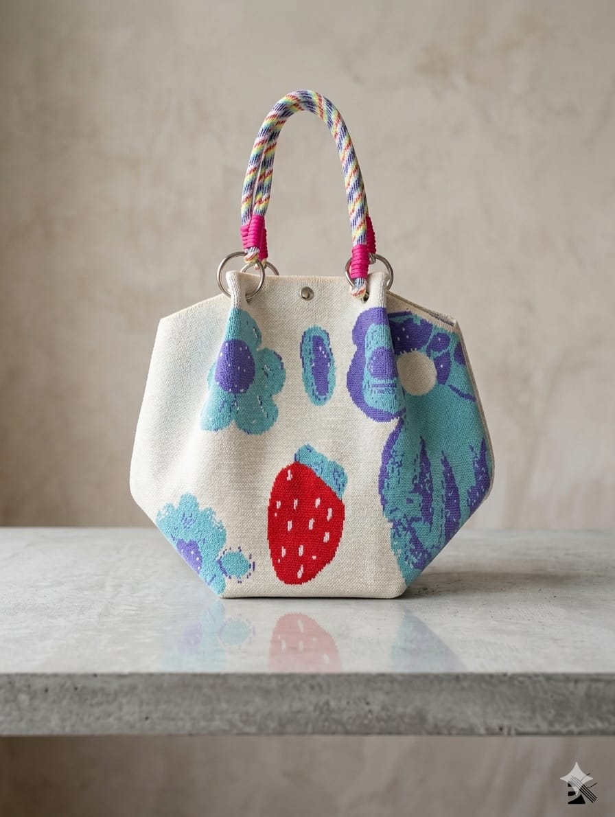 Small handbag with floral patterns on a neutral background
