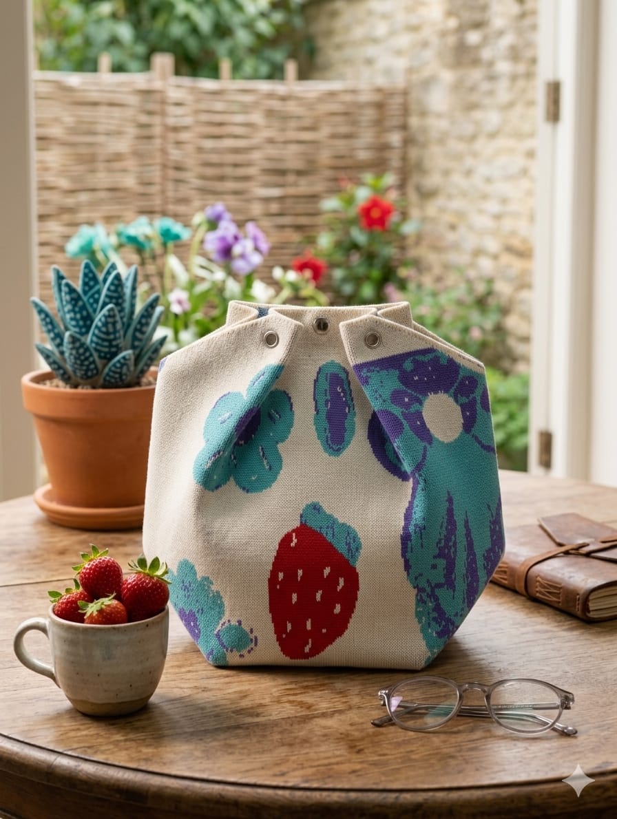 Cream multicolor knitted tote handbag with floral and red strawberry design for women and girls