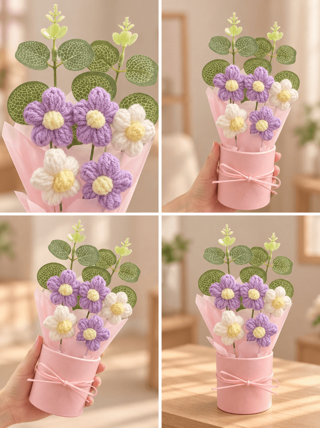 Purple and white crochet flower bouquet with yellow centres, green decorative leaves, pastel pink wrapping and ribbon gift box, held in hand.