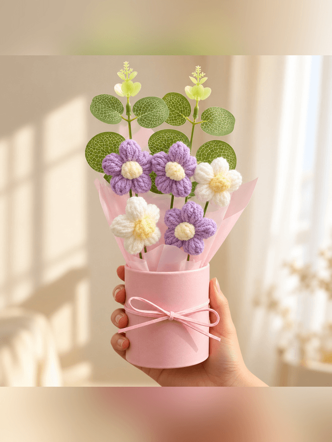 Purple and white crochet flower bouquet with yellow centres, green decorative leaves, pastel pink wrapping and ribbon gift box, held in hand.