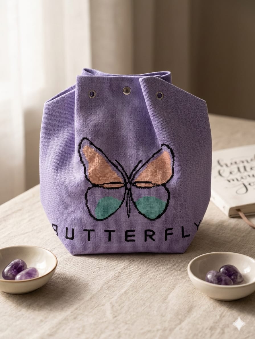 Lavender knitted handbag with multicolour butterfly design and dual handles for women and girls