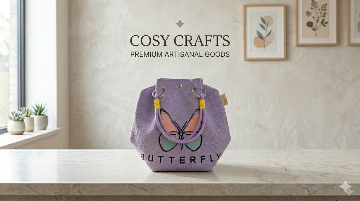 Lavender knitted handbag with multicolour butterfly design and dual handles for women and girls