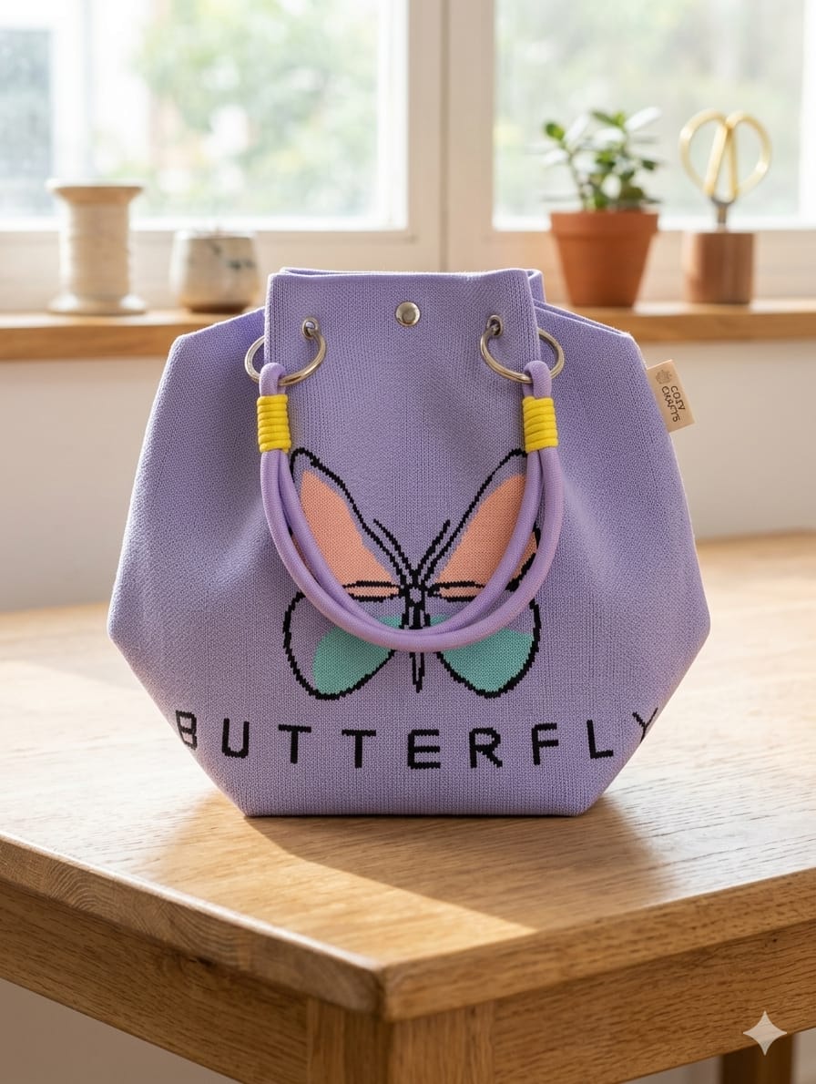Lavender knitted handbag with multicolour butterfly design and dual handles for women and girls