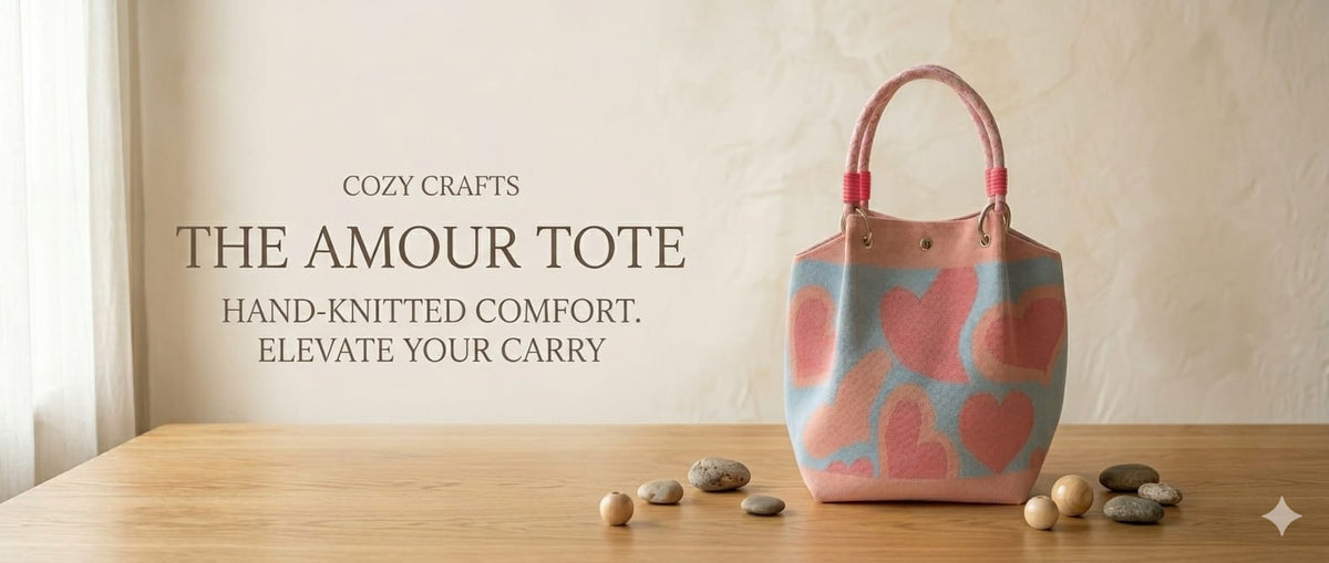 Multicolor knitted tote handbag with pink peach heart pattern and dual handles for women