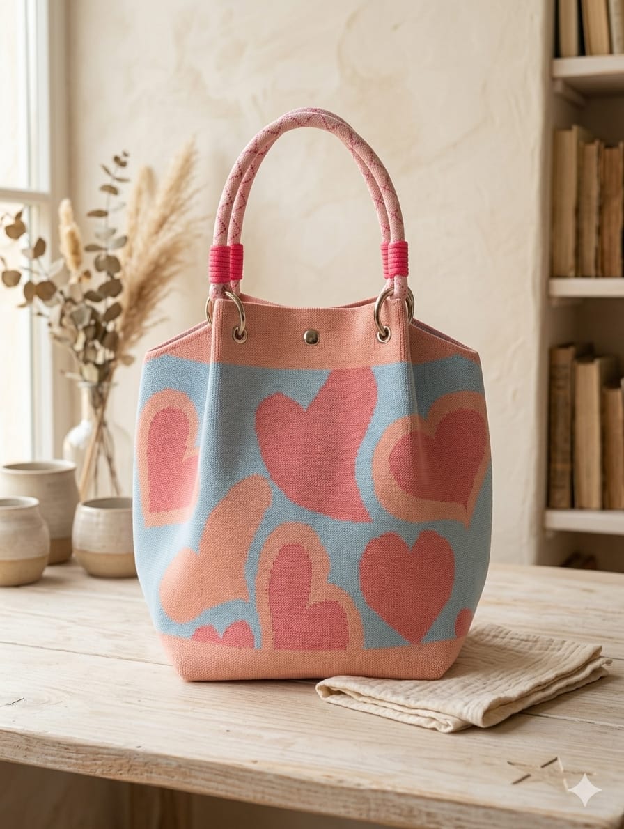 Multicolor knitted tote handbag with pink peach heart pattern and dual handles for women