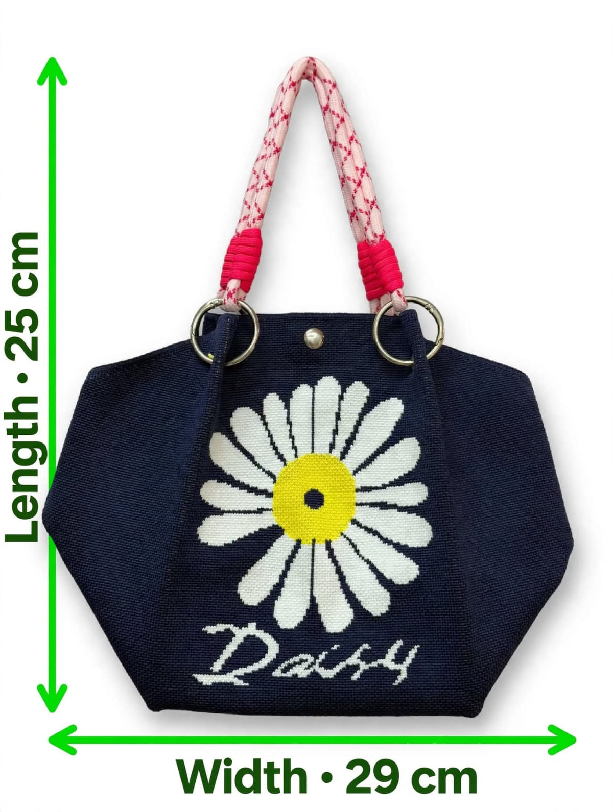 Navy blue knitted tote handbag with large white yellow daisy flower and pink rope handle for women