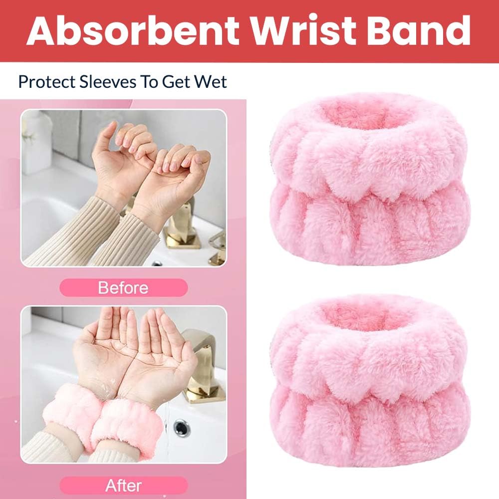 Pink padded spa headband with two wrist wash bands for skincare and face washing